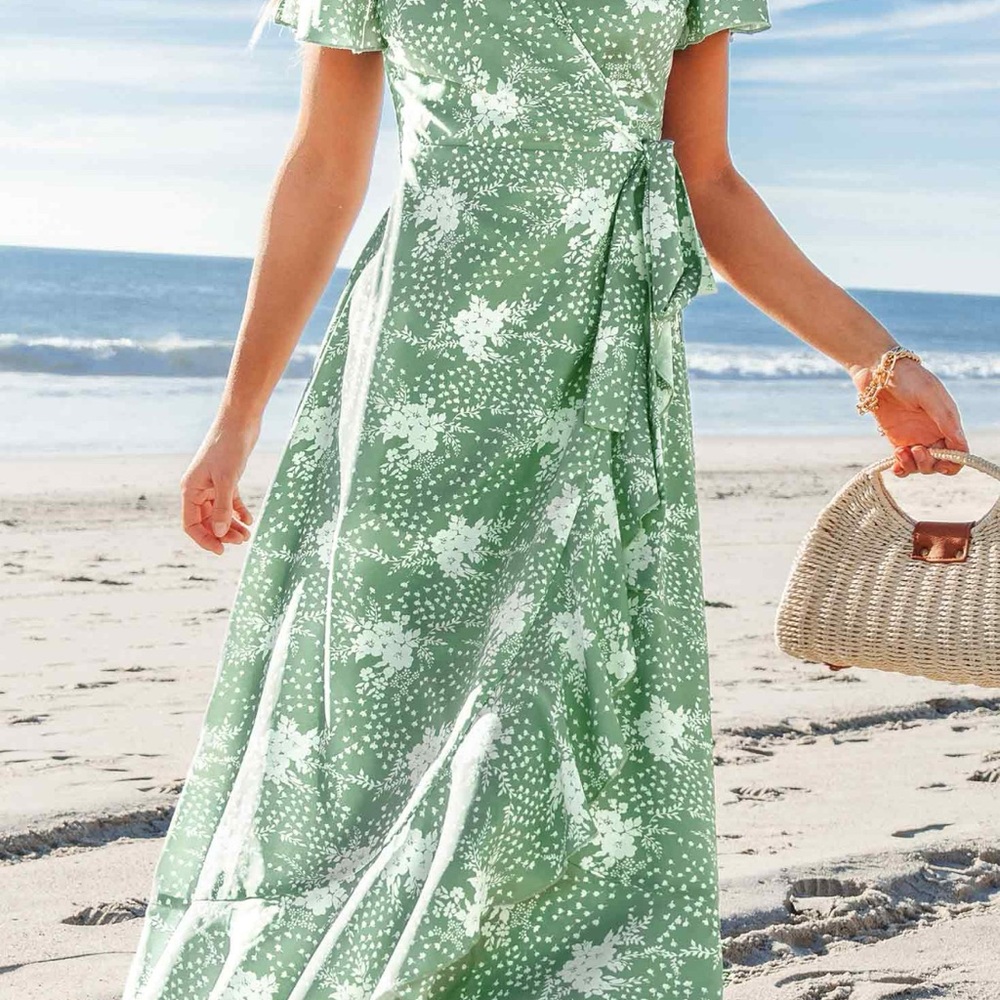 Cupshe Green High Low Wrap Dress with Flutter Sleeves - Picture 2 of 5